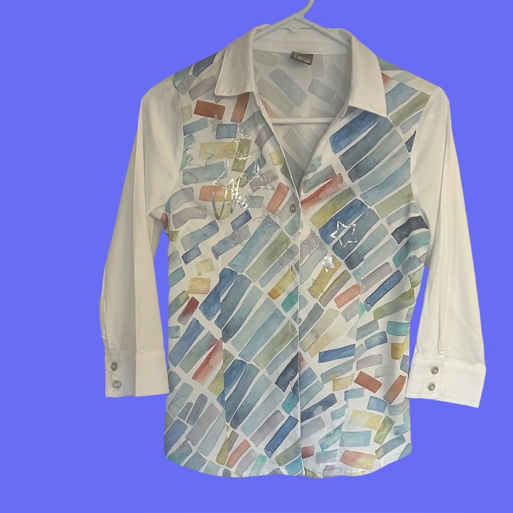 Simply Art by Dolcezza button up blouse- Colorful Geometric Print. Size S